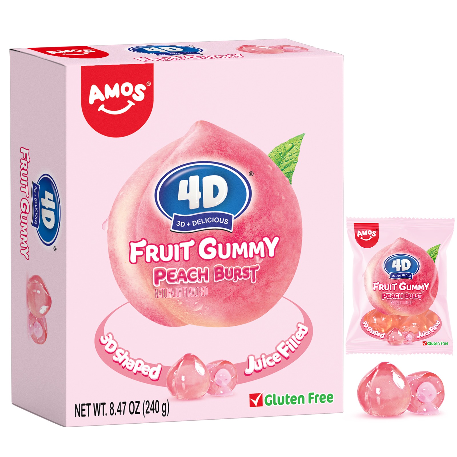AMOS 4D Gummy Peach Burst Candy (10ct) 8.47 oz